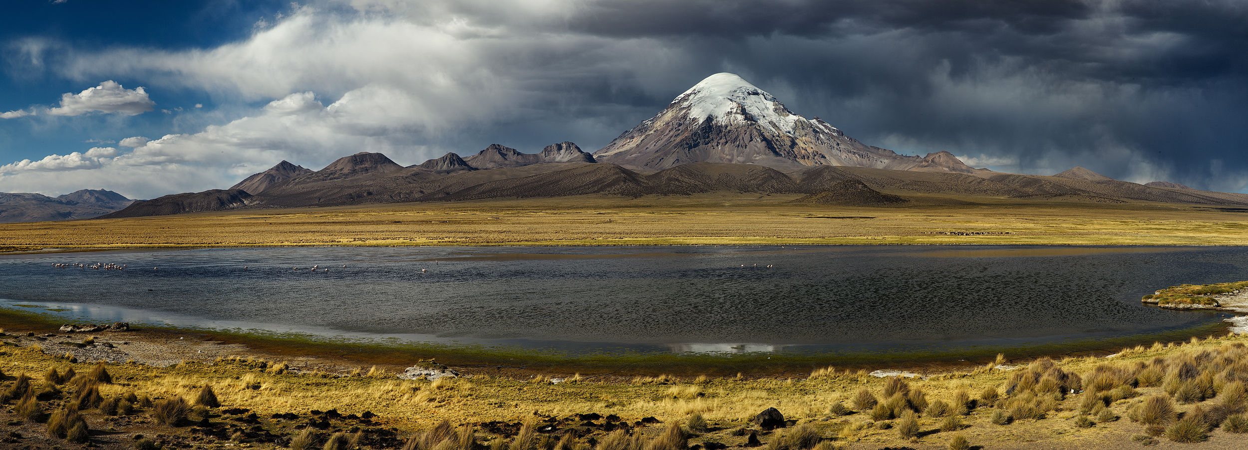 This powerful image captures the looming presence of Mount Sajama, Bolivia&rsquo;s highest peak, under the dramatic dance of storm clouds in the sky. The tranquil waters below reflect the mountain&rsquo;s snowy cap, contrasting with the arid landscape and the flock of flamingos gracing the wetlands. The scene is a dynamic display of nature&rsquo;s contrasts, from the arid ground to the lush mountain, crowned by the tumultuous sky.